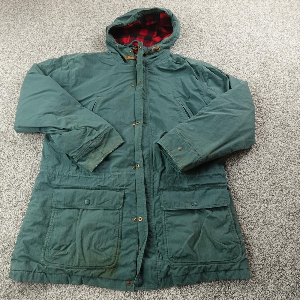 VTG LL Bean Jacket Mens M Green Hooded Wool Flannel Lined Parka Coat Outdoor 90s